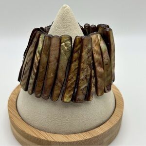 Long Brown Mother of Pearl and Abalone Shell Stretch Bracelet Boho Unique